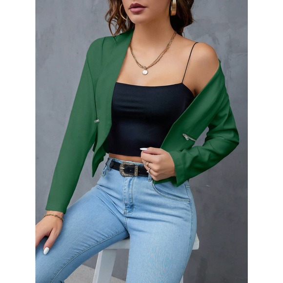 🌟 minimalist business casual Zip Detail Open Front Cropped Blazer jacket - Picture 6 of 8